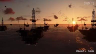 海洋里的石油钻塔时间<strong>经过</strong>日出